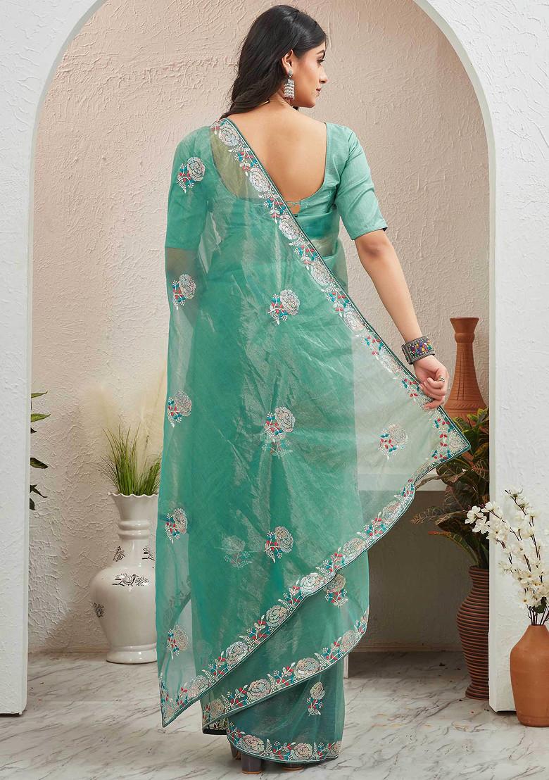 Sea Green Embroidered Organza Saree Set