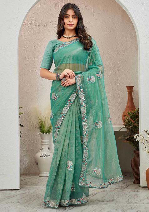 Sea Green Embroidered Organza Saree Set