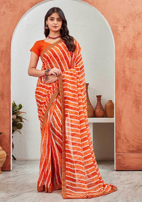 Orange Leheriya Printed Pure Georgette Saree Set