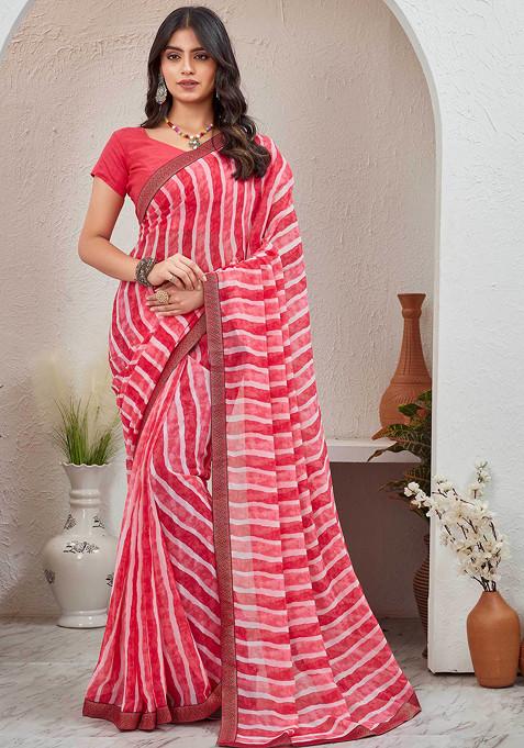 Pink Leheriya Printed Pure Georgette Saree Set