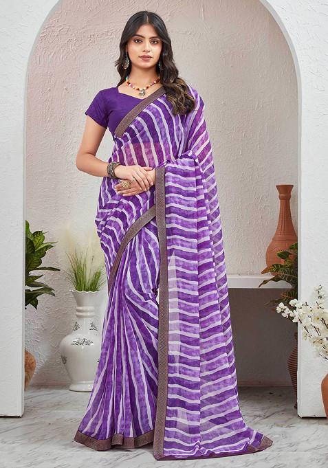 Purple Leheriya Printed Pure Georgette Saree Set