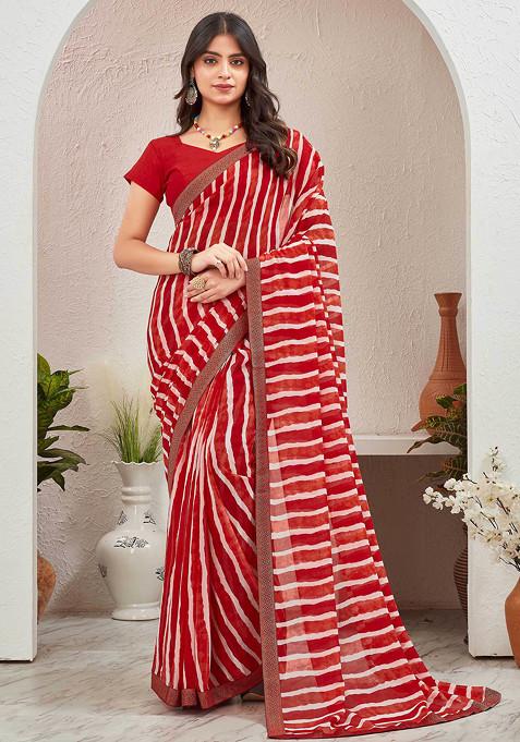 Red Leheriya Printed Pure Georgette Saree Set