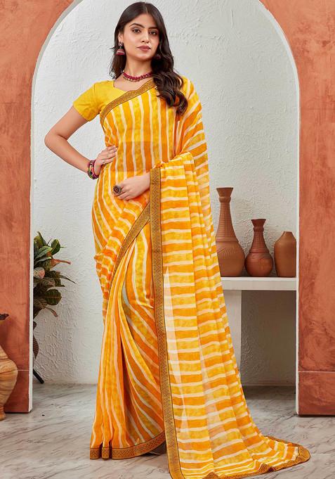 Yellow Leheriya Printed Pure Georgette Saree Set