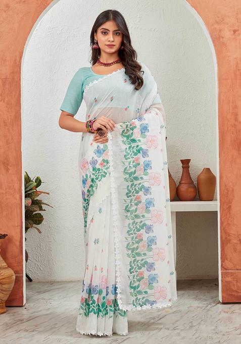 Blue Embroidered Pure Linen Saree Set