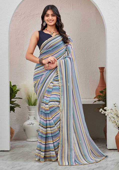 Blue Leheriya Printed Pure Georgette Saree Set