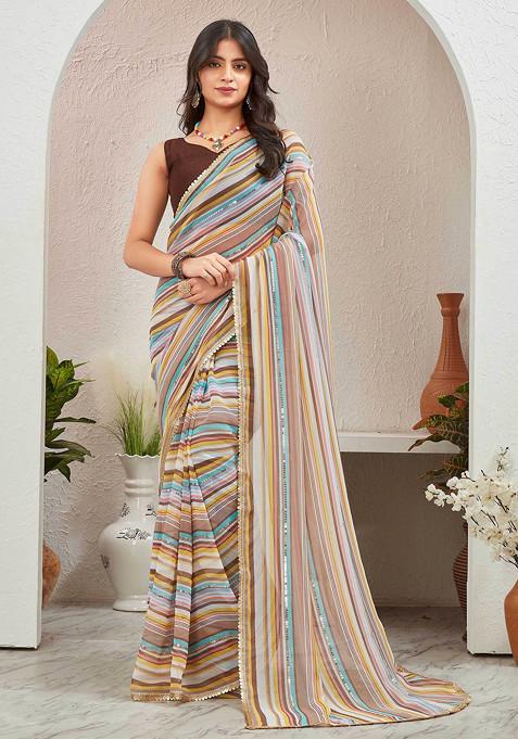 Brown Leheriya Printed Pure Georgette Saree Set