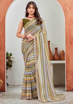 Green Leheriya Printed Pure Georgette Saree Set