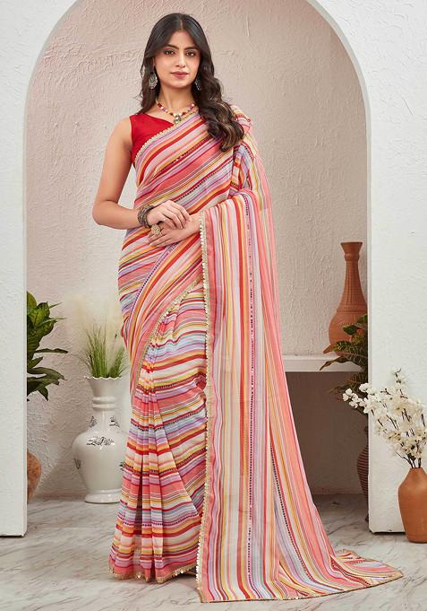 Red Leheriya Printed Pure Georgette Saree Set