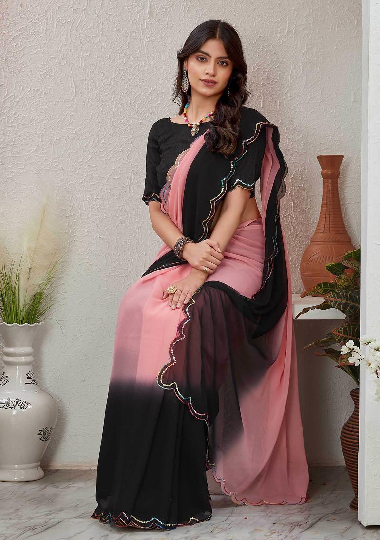 Black Sequin Embellished Pure Georgette Saree Set