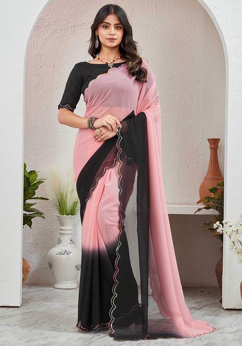 Black Sequin Embellished Pure Georgette Saree Set