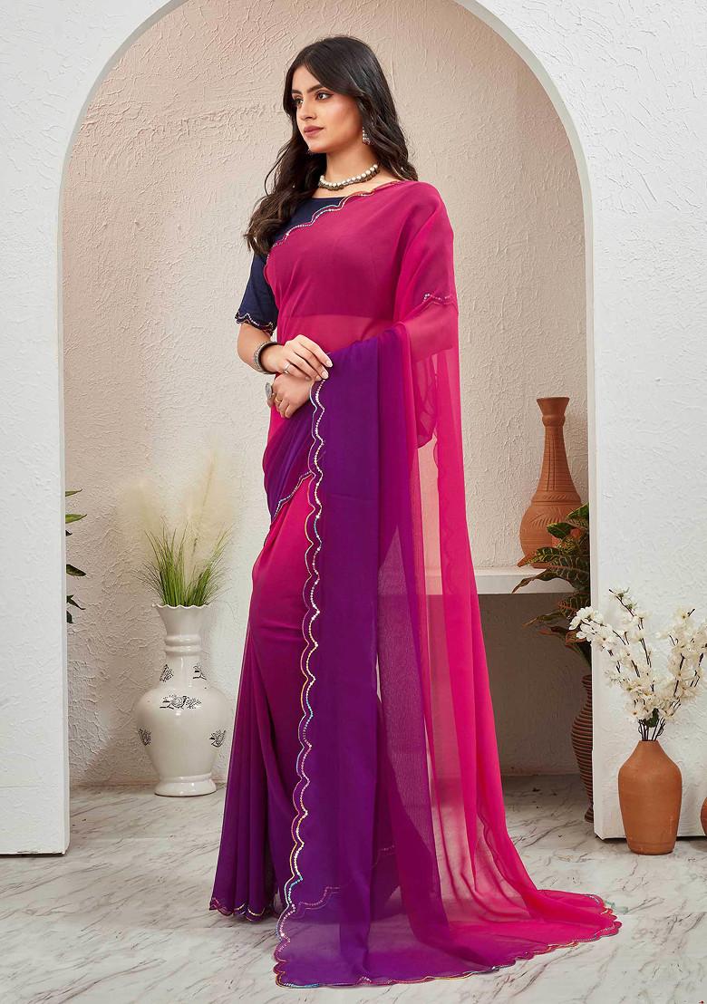 Navy Blue Sequin Embellished Pure Georgette Saree Set