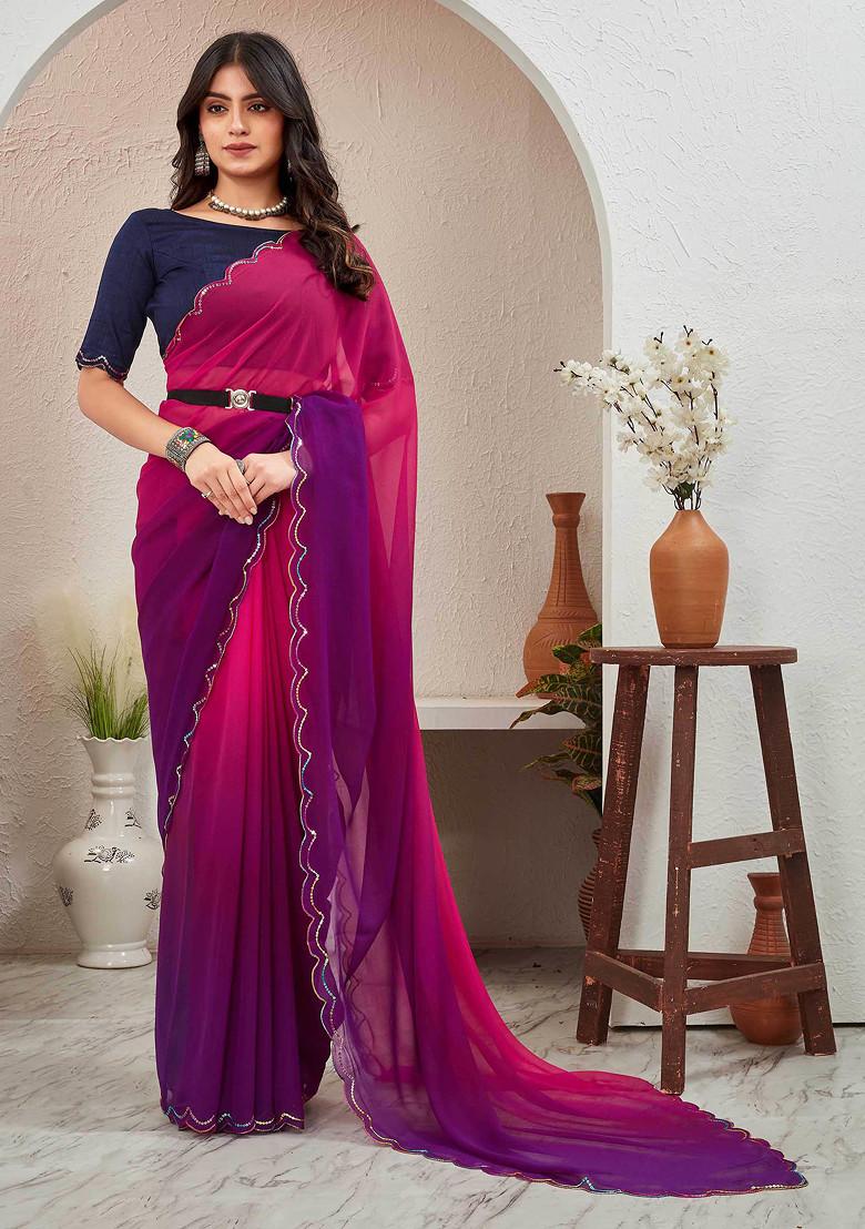 Navy Blue Sequin Embellished Pure Georgette Saree Set