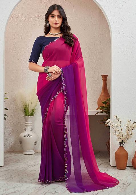 Navy Blue Sequin Embellished Pure Georgette Saree Set