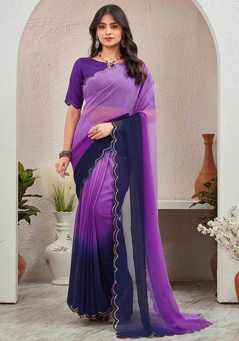 Purple Sequin Embellished Pure Georgette Saree Set