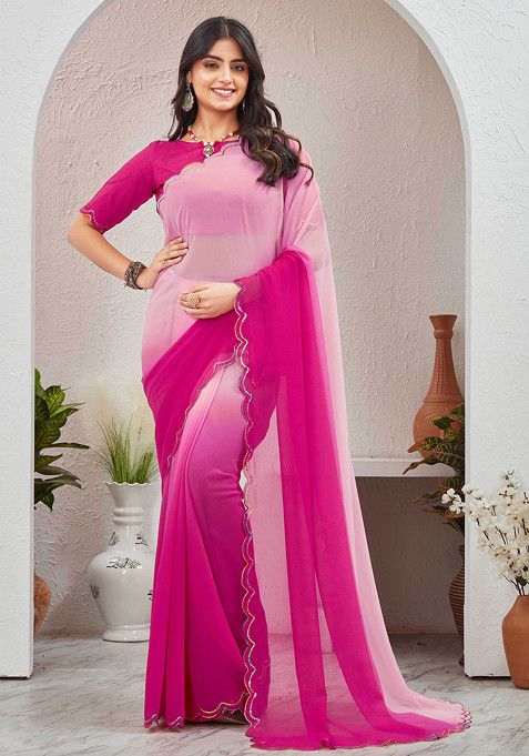 Rani Pink Sequin Embellished Pure Georgette Saree Set