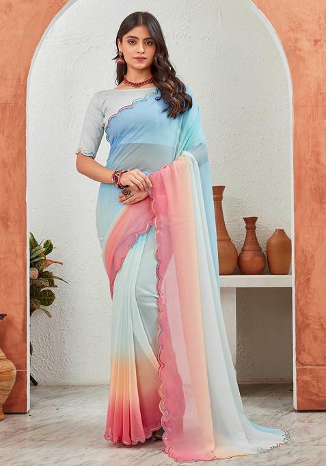 Sky Blue Sequin Embellished Pure Georgette Saree Set