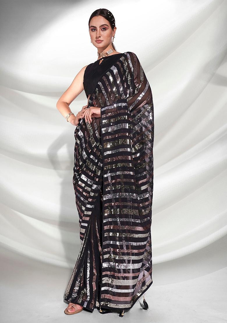 Black Sequin Embellished Pure Georgette Saree Set