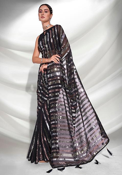 Black Sequin Embellished Pure Georgette Saree Set