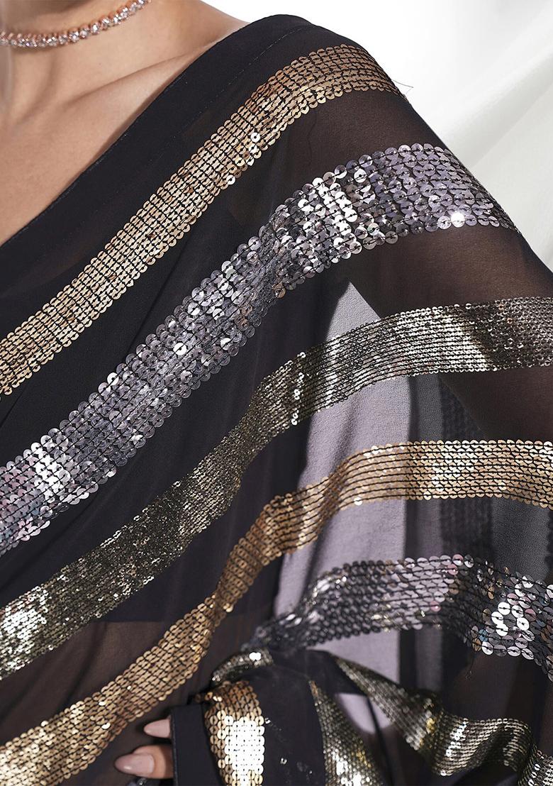 Black Sequin Embellished Pure Georgette Saree Set