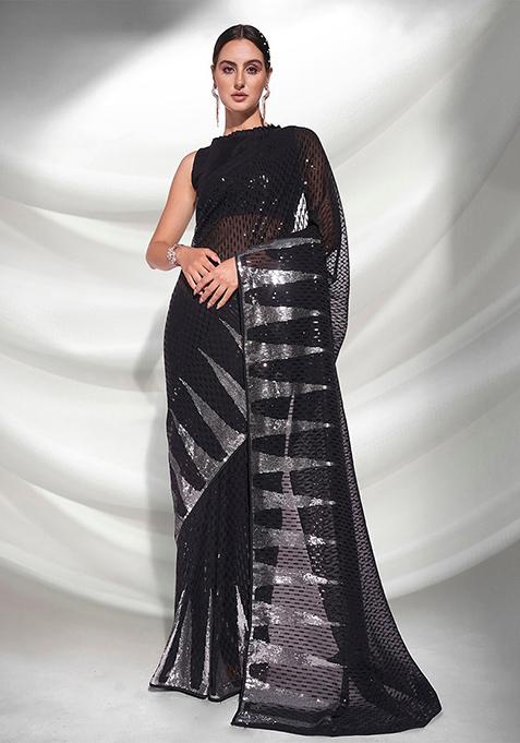 Black Sequin Embellished Pure Georgette Saree Set