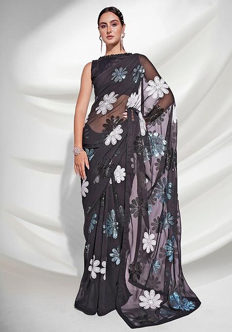 Black Sequin Embellished Pure Georgette Saree Set