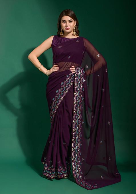 Purple Sequin Embellished Pure Georgette Saree Set