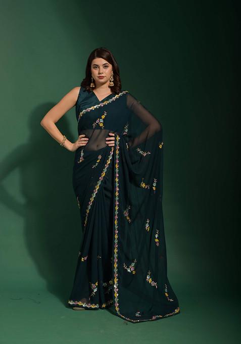 Teal Blue Sequin Embellished Pure Georgette Saree Set