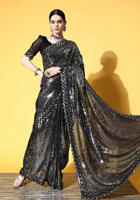 Black And Silver Sequin Embroidered Pure Georgette Saree Set