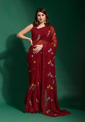 Maroon Sequin Embellished Pure Georgette Saree Set
