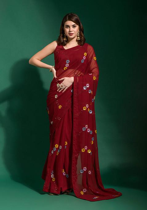 Maroon Sequin Embellished Pure Georgette Saree Set