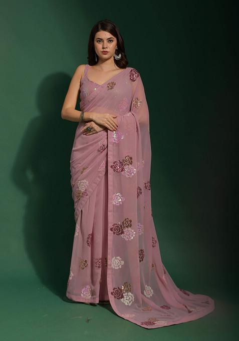 Pink Sequin Embellished Pure Georgette Saree Set