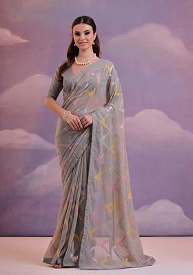 Grey Sequin Embellished Pure Georgette Saree Set
