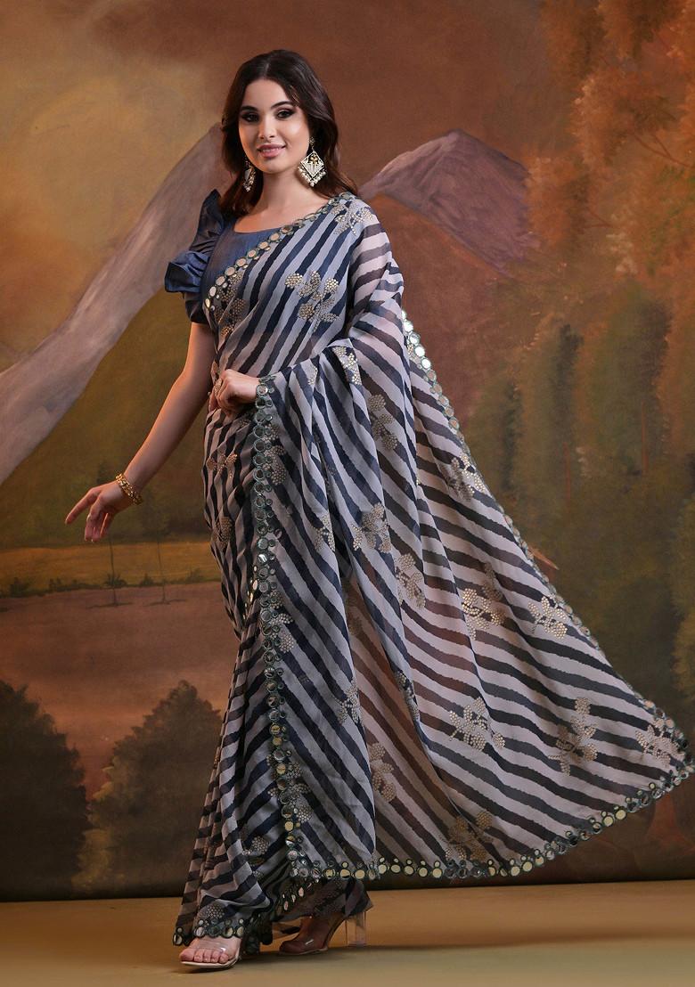 Grey Mirror Work Pure Georgette Saree Set