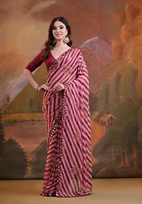 Maroon Mirror Work Pure Georgette Saree Set