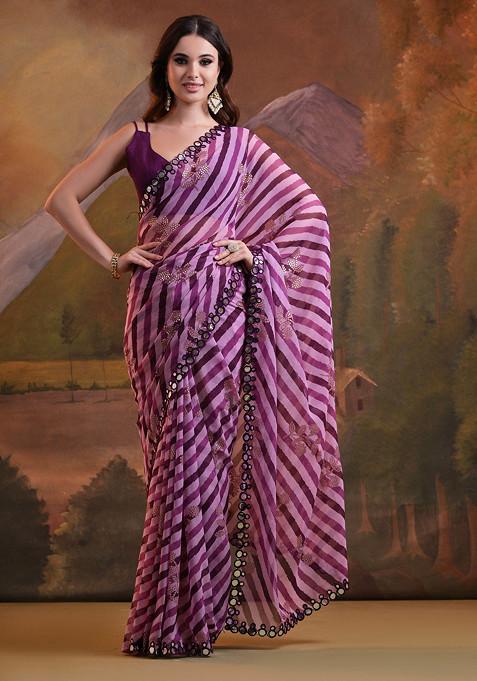 Wine Mirror Work Pure Georgette Saree Set