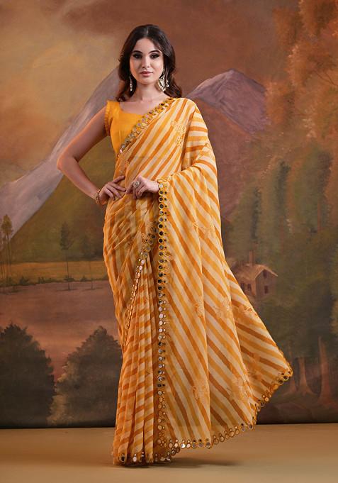 Yellow Mirror Work Pure Georgette Saree Set