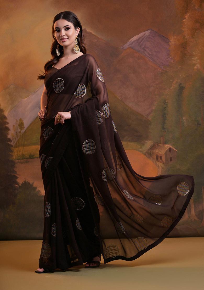 Brown Sequin Embellished Pure Georgette Saree Set