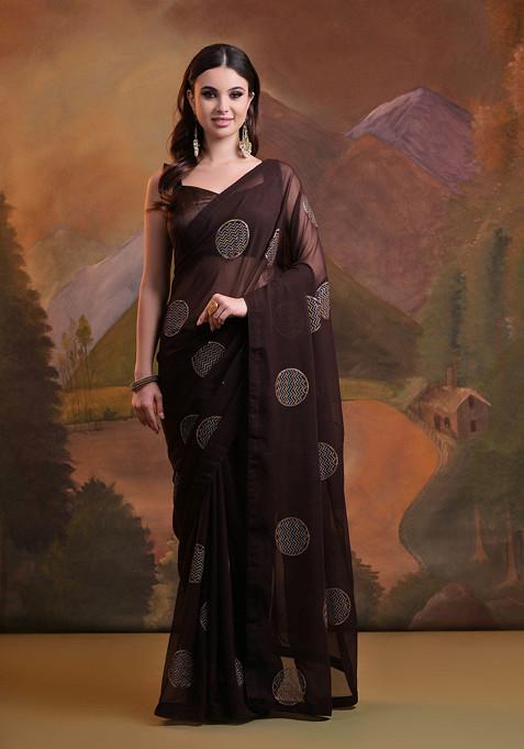 Brown Sequin Embellished Pure Georgette Saree Set