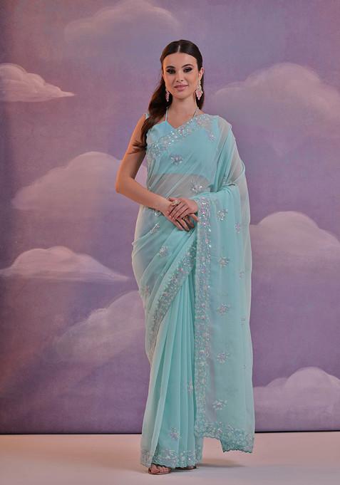 Blue Sequin Embroidered Pure Georgette Saree Set