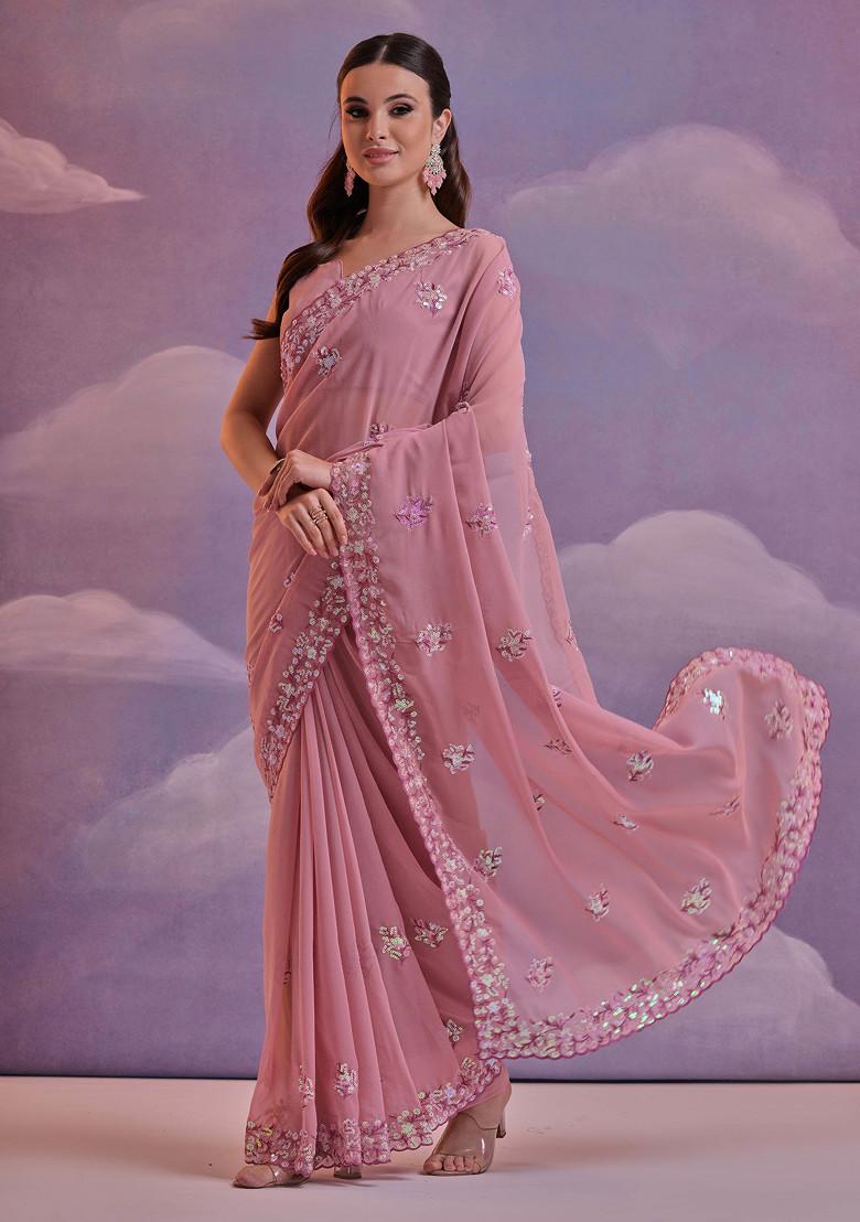 Peach Sequin Embroidered Pure Georgette Saree Set