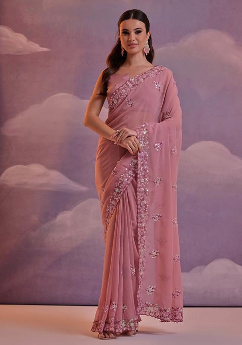 Peach Sequin Embroidered Pure Georgette Saree Set