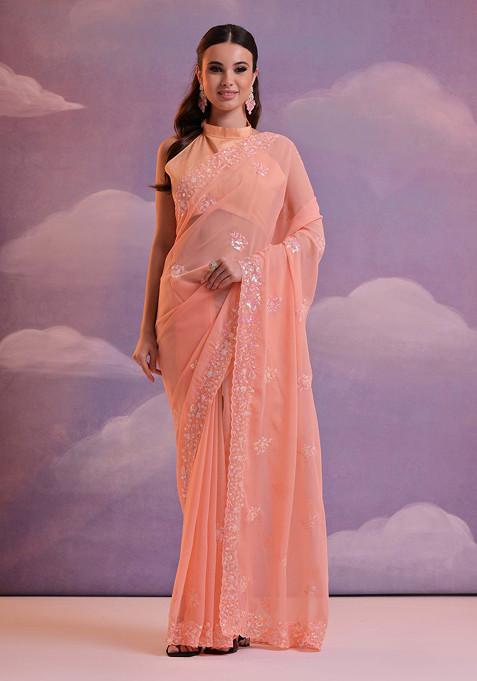 Orange Sequin Embroidered Pure Georgette Saree Set