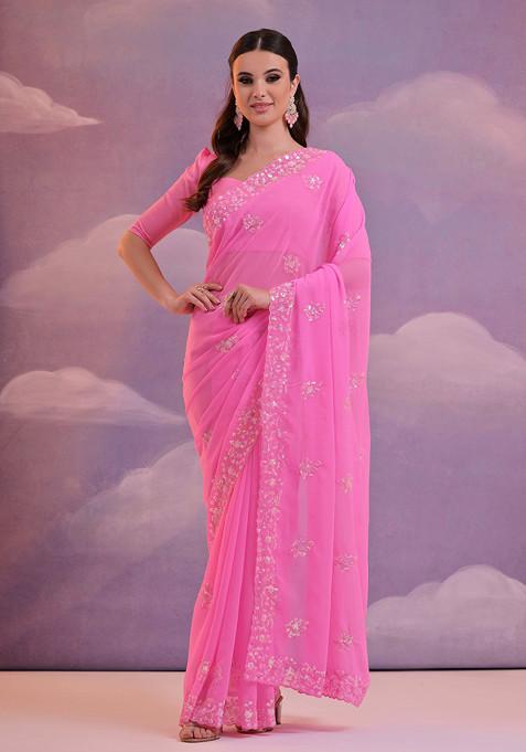 Pink Sequin Embroidered Pure Georgette Saree Set