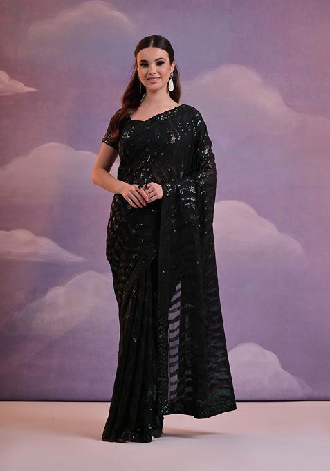 Black And Green Sequin Embroidered Pure Georgette Saree Set