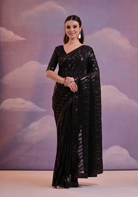 Black And Wine Sequin Embroidered Pure Georgette Saree Set