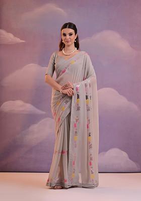 Grey Sequin Embroidered Pure Georgette Saree Set