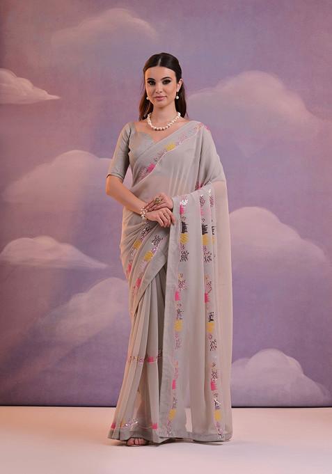 Grey Sequin Embroidered Pure Georgette Saree Set