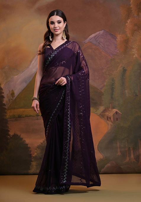 Wine Sequin Embroidered Pure Georgette Saree Set