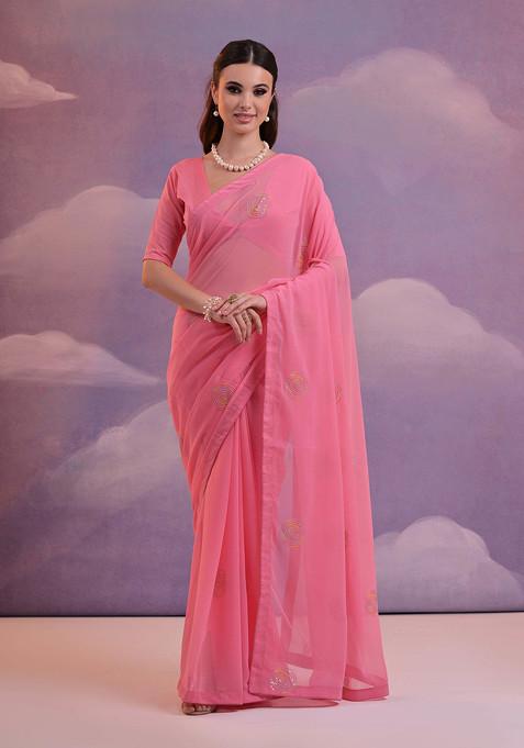 Pink Sequin Embroidered Pure Georgette Saree Set