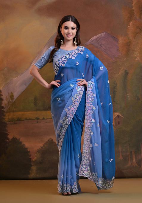 Blue Sequin Embroidered Pure Georgette Saree Set